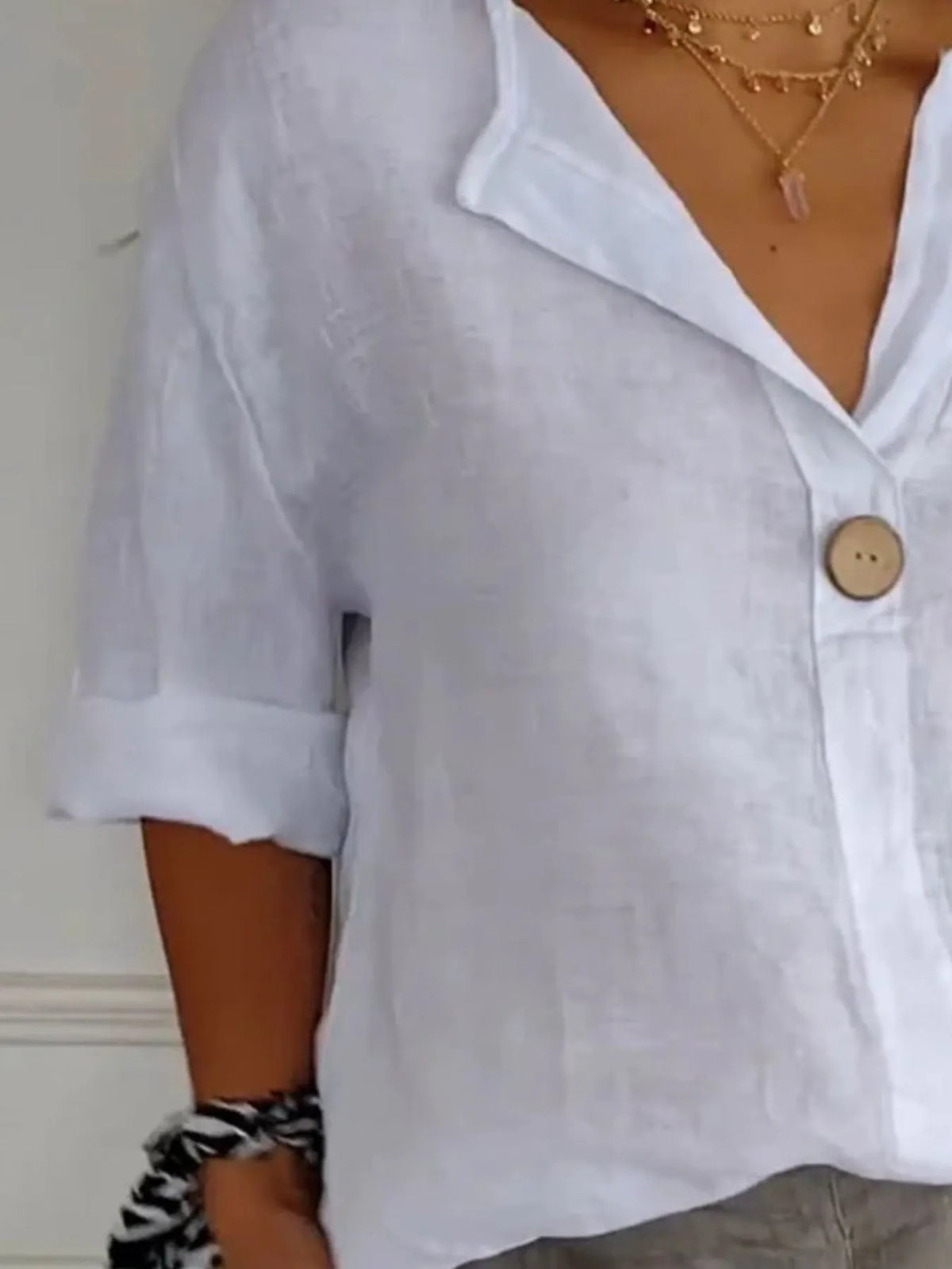 Full Size Linen Blend Notched Blouse Plus Size - Ladyez