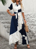 Printed Button Down Half Sleeve Maxi Shirt Dress - Ladyez