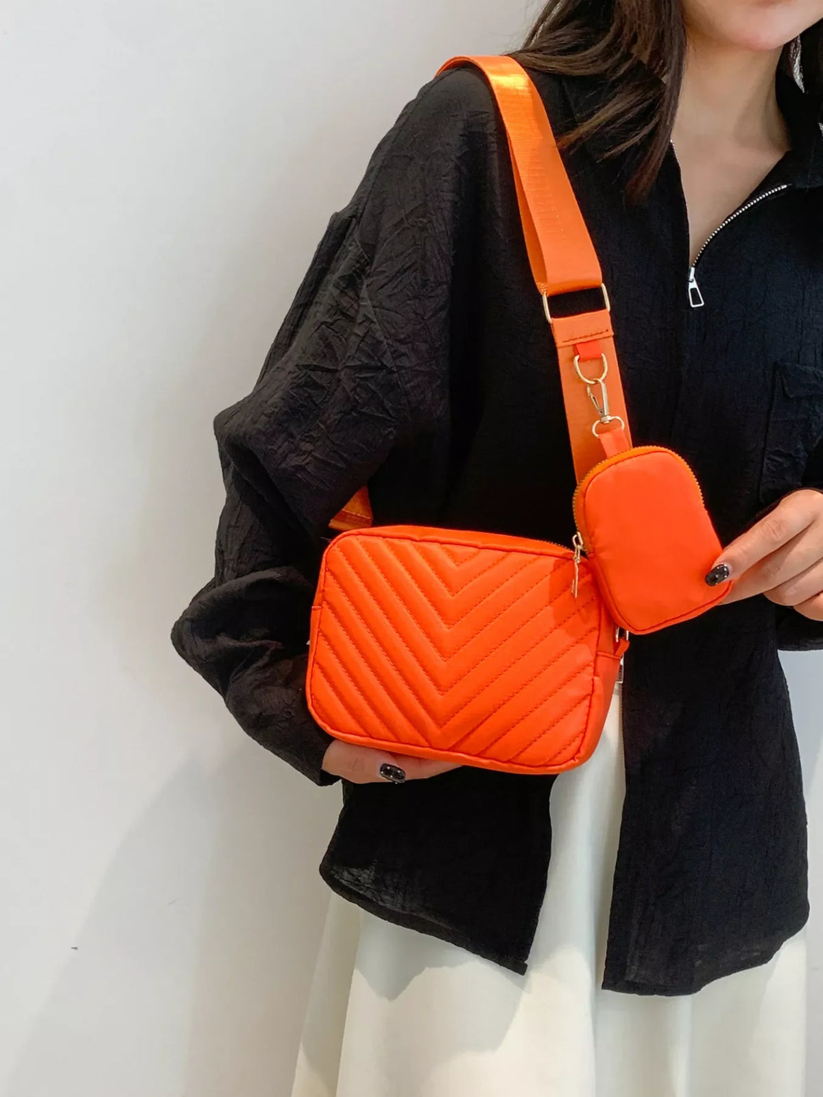 Chevron Quilted Crossbody Bag with Mini Pouch