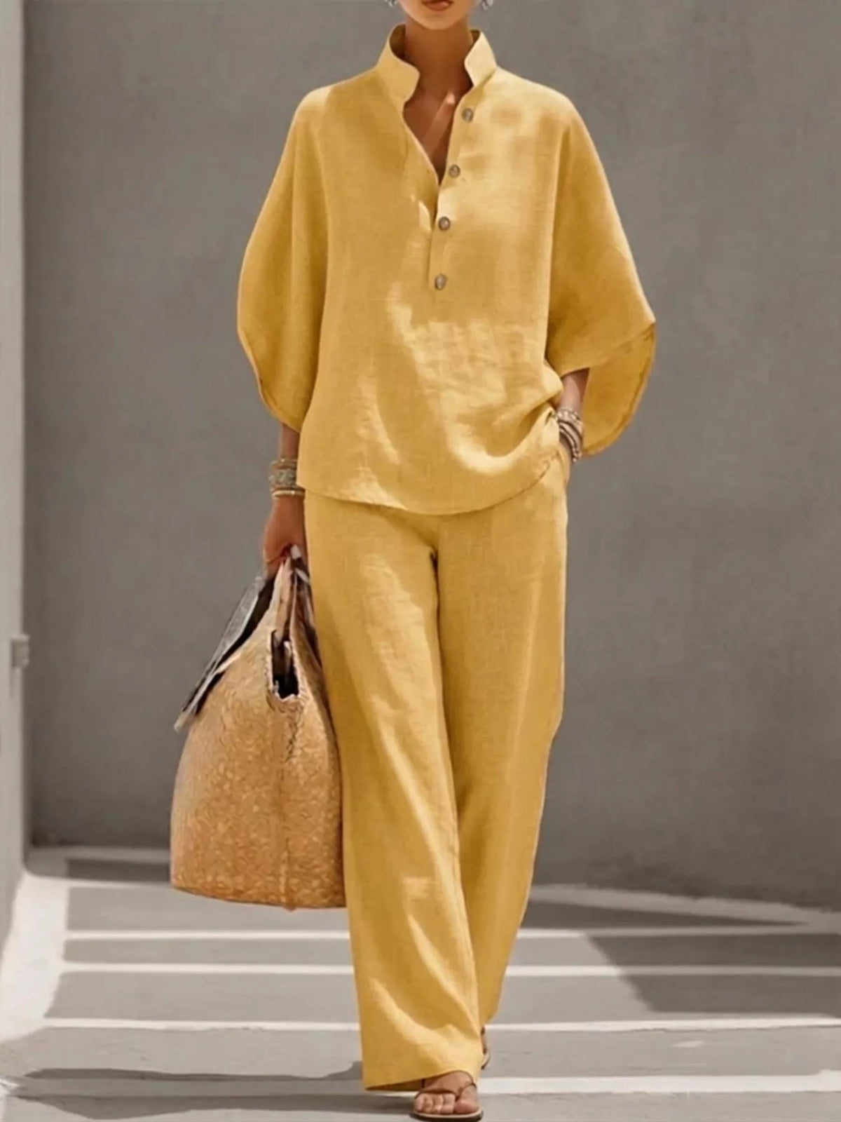 Full Size Button Detail 3/4 Sleeve Top and Pants Set Plus Size