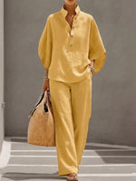Full Size Button Detail 3/4 Sleeve Top and Pants Set Plus Size