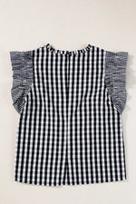 Ruffled Plaid Mock Neck Cap Sleeve Blouse