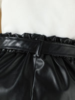 Children's Ruffled Pearl Embellished Top & Faux Leather Shorts Set with Belt