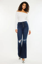 Kancan Button Fly High Rise Distressed Flare Jeans - Ladyez
