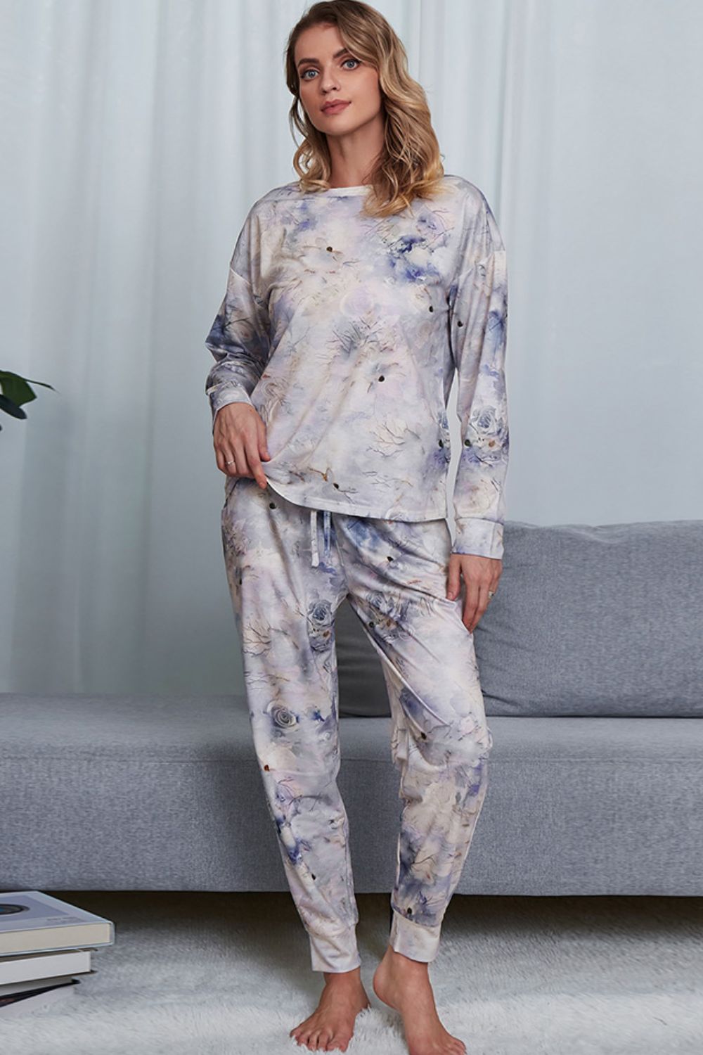 Shiny Tie-Dye Crewneck Top and Drawstring Waist Joggers Lounge Set - Ladyez