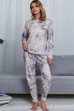Shiny Tie-Dye Crewneck Top and Drawstring Waist Joggers Lounge Set - Ladyez