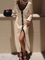 Contrast Trim Button-Down Midi Dress