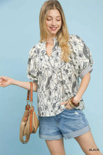 Umgee Mixed Print Puff Sleeve Split Neck Top