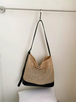 Leather Trim Woven Shoulder Bag