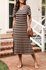 Casual Striped V-Neck Midi T-Shirt Dress