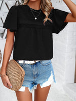 Devine Swiss Dot Smocked Round Neck Short Sleeve Blouse