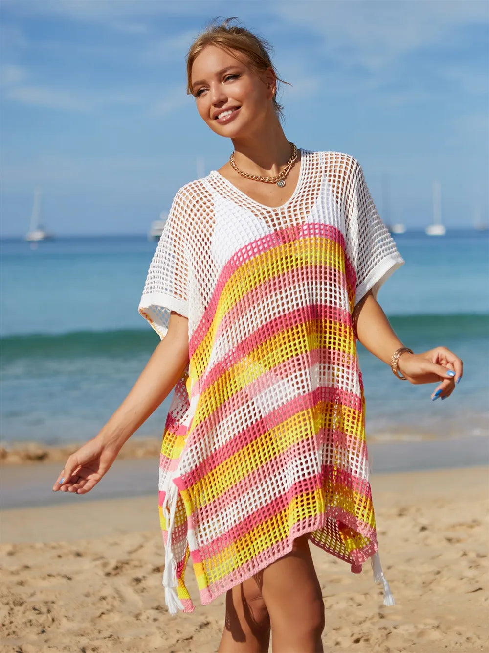 Angel Wings Cutout Striped Cover-Up with Tassel - Ladyez