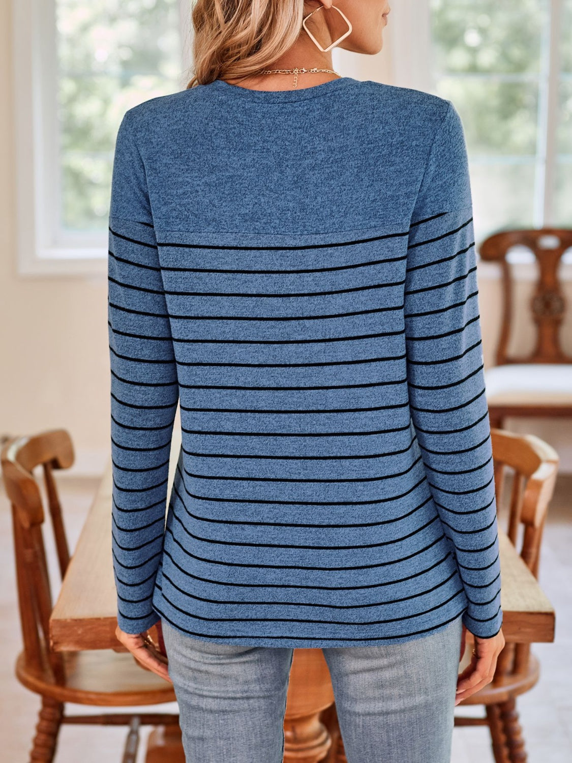 Lovelet Quarter Button Striped Round Neck Long Sleeve T-Shirt - Ladyez