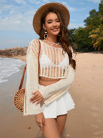 Openwork Boat Neck Long Sleeve Cover-Up - Ladyez