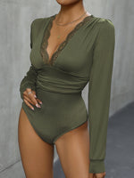 Perfee Lace Detail Plunge Long Sleeve Bodysuit - Ladyez