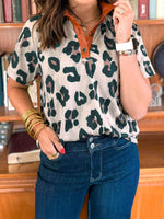 \Leopard Print Button Contrast Collared Short Sleeve Blouse