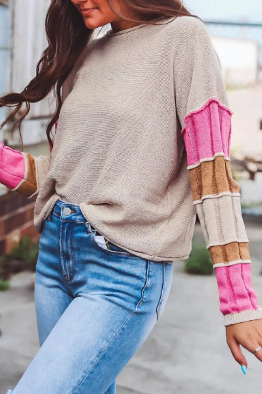 Color Block Round Neck Long SleeveSweater