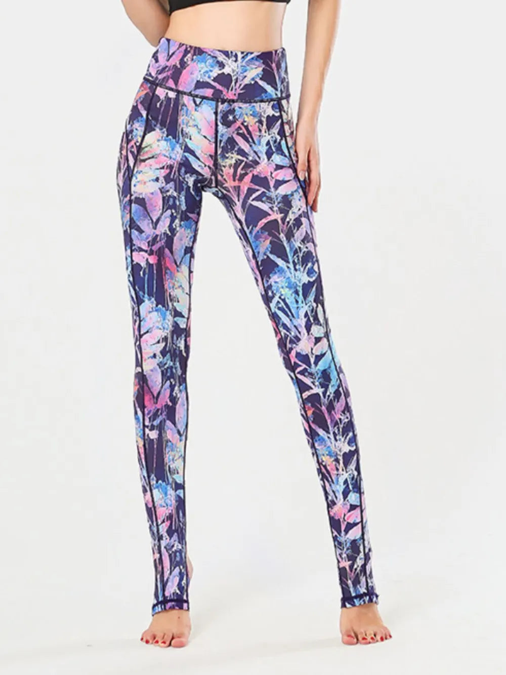 Printed Wide Waistband Active Leggings with Stirrups - Ladyez
