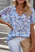 Flutter Sleeve Notched Floral Summer Blouse