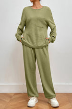 Pocketed Round Neck Top and Pants Lounge Set - Ladyez