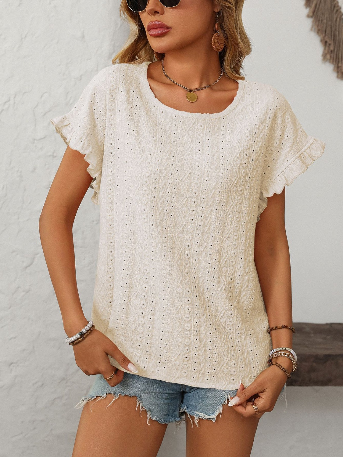 Mandy Eyelet Round Neck Short Sleeve Top - Ladyez