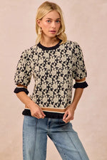 BiBi Textured Rose Knit Top Contrast Banded Puff Sleeve