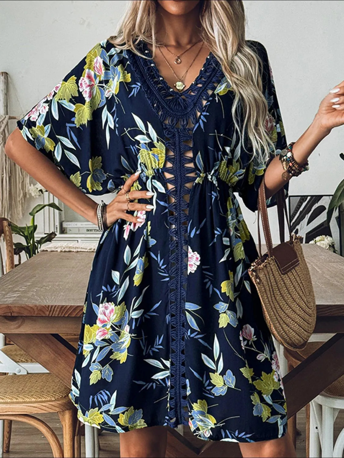 Crochet Front V-Neck Printed Cover-Up - Ladyez