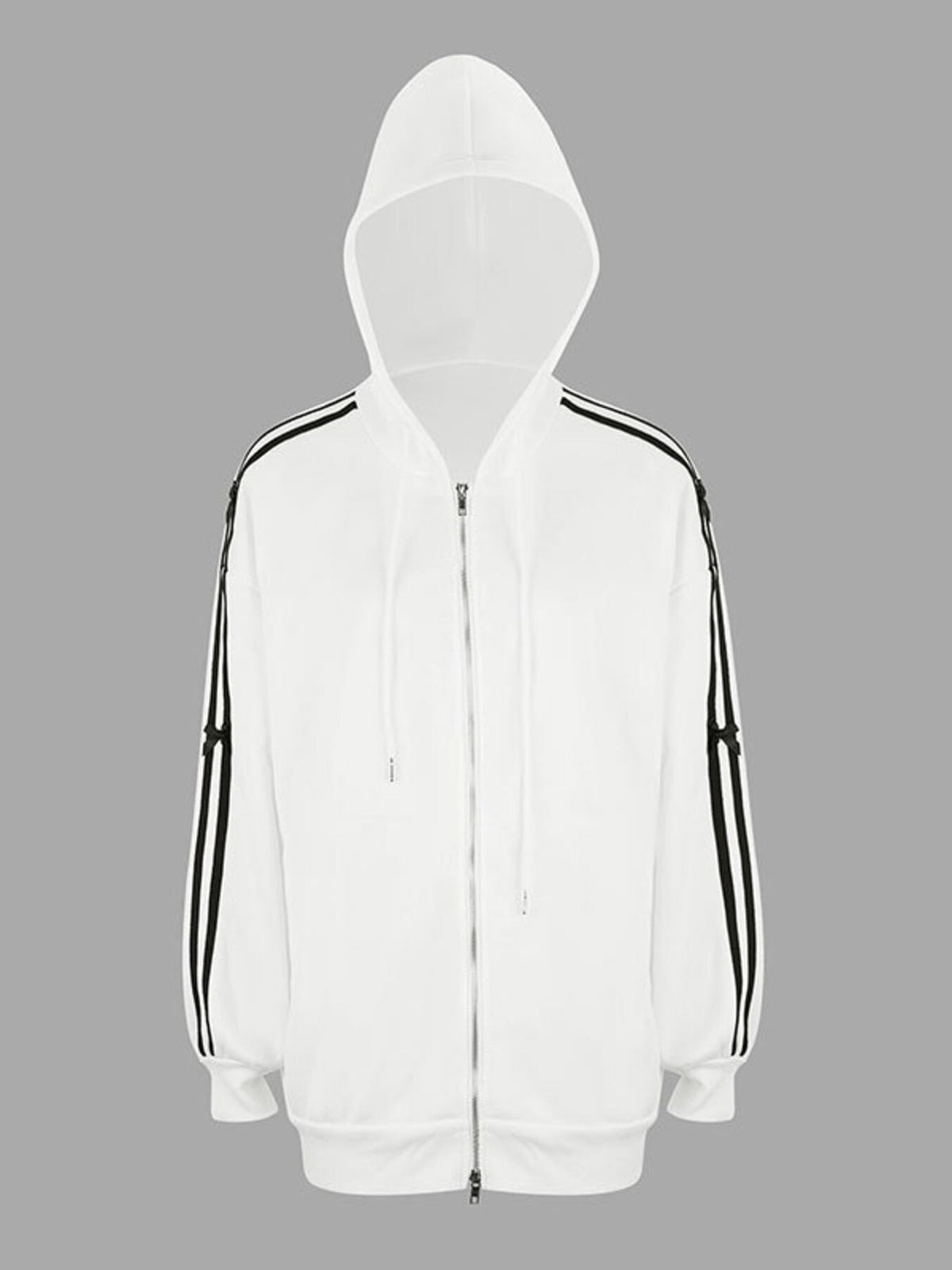 Striped Sleeve Zip-Up Drawstring Hoodie