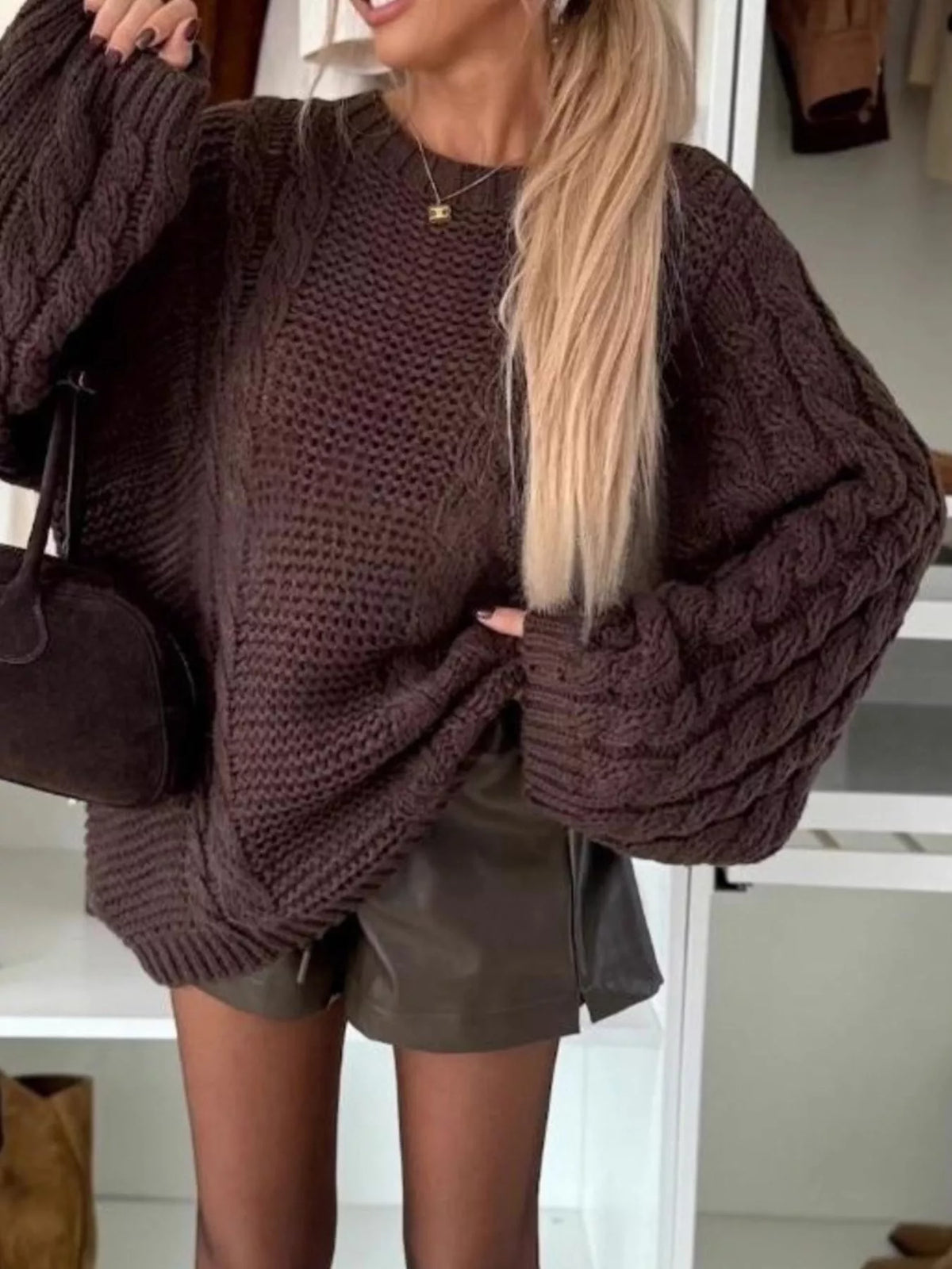 Cable Knit Round Neck Oversized Sweater