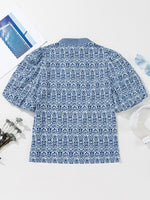 Printed Contrast Ric-Rac Puff Sleeve Top - Ladyez