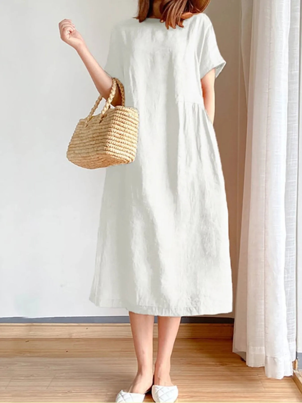 Full Size Casual Round Neck Midi Dress Plus Size - Ladyez