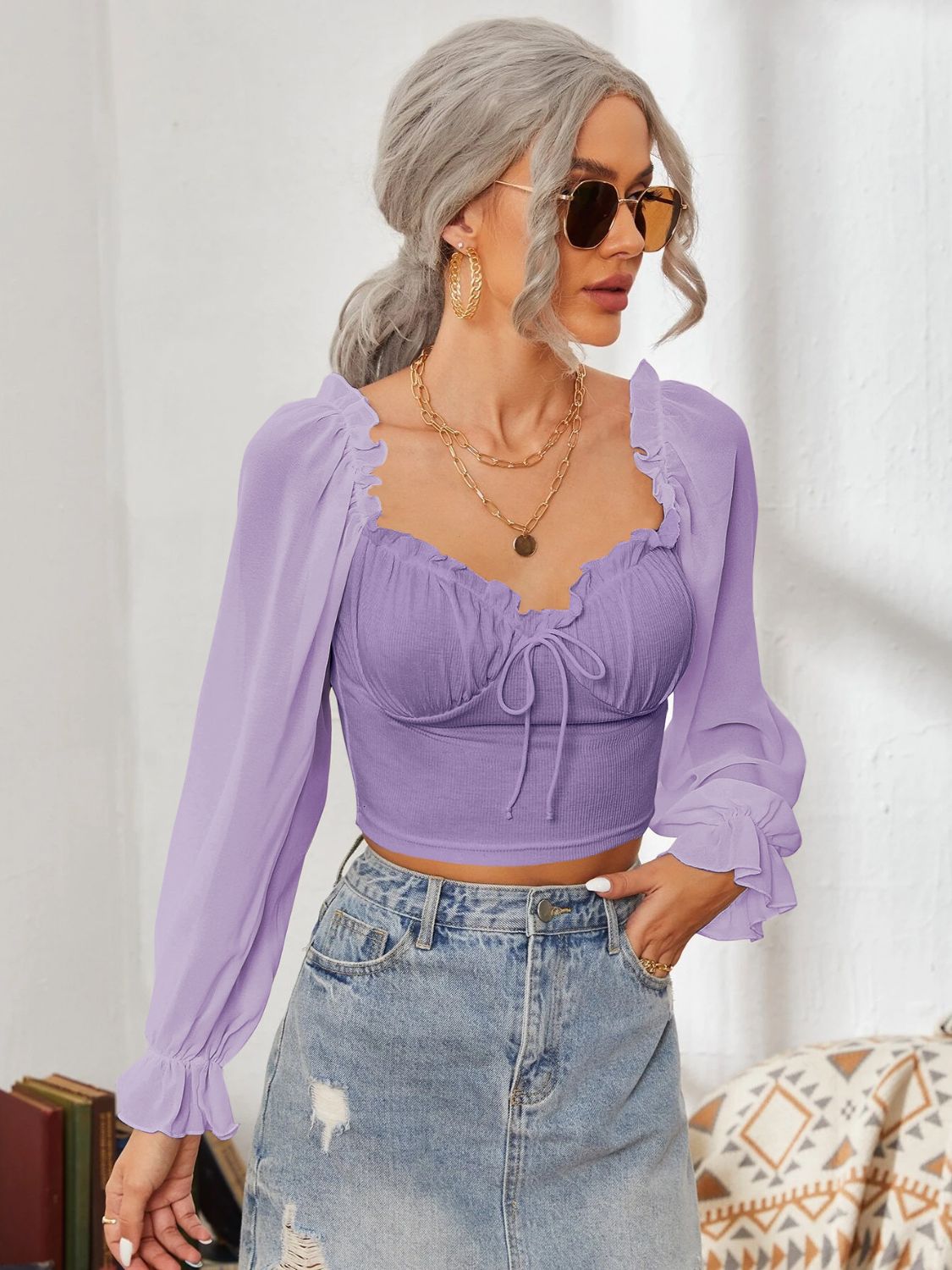 Mesh Sweetheart Neck Flounce Sleeve Top - Ladyez