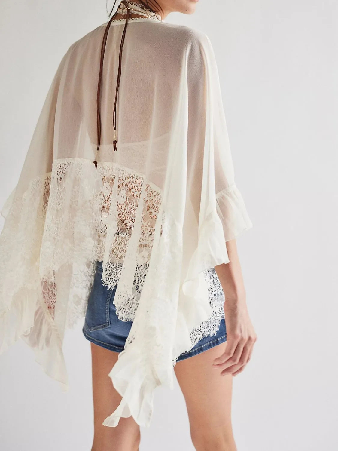 Lace V-Neck Ruffle Long Sleeve Cover-Up - Ladyez