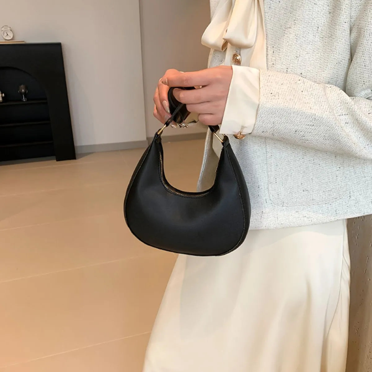 Solid Color Crescent Shoulder Bag - Ladyez