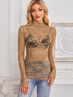 Mock Neck Long Sleeve Lace Sheer Top - Ladyez