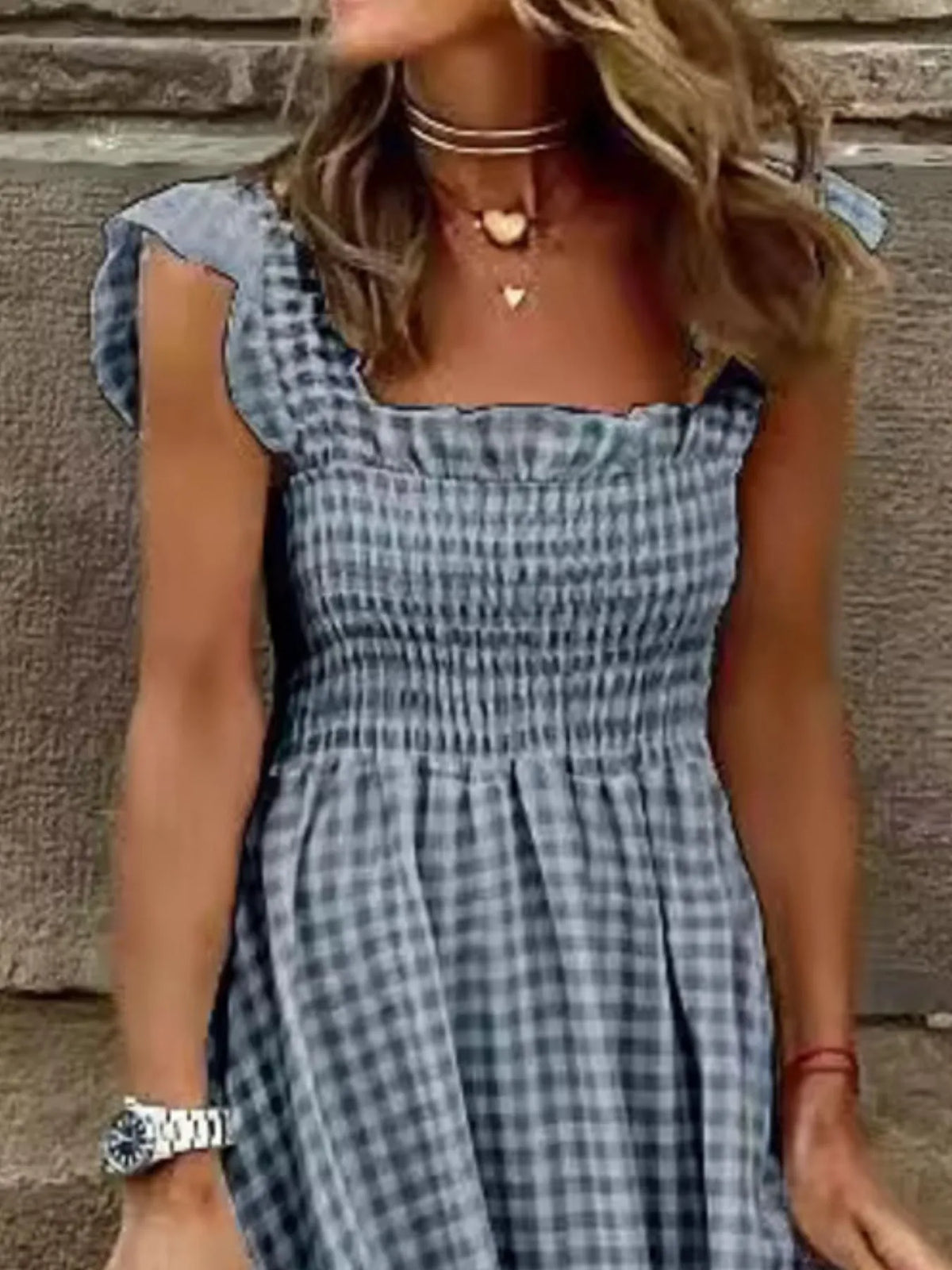 Smocked Gingham Maxi Dress with Ruffle Straps - Ladyez
