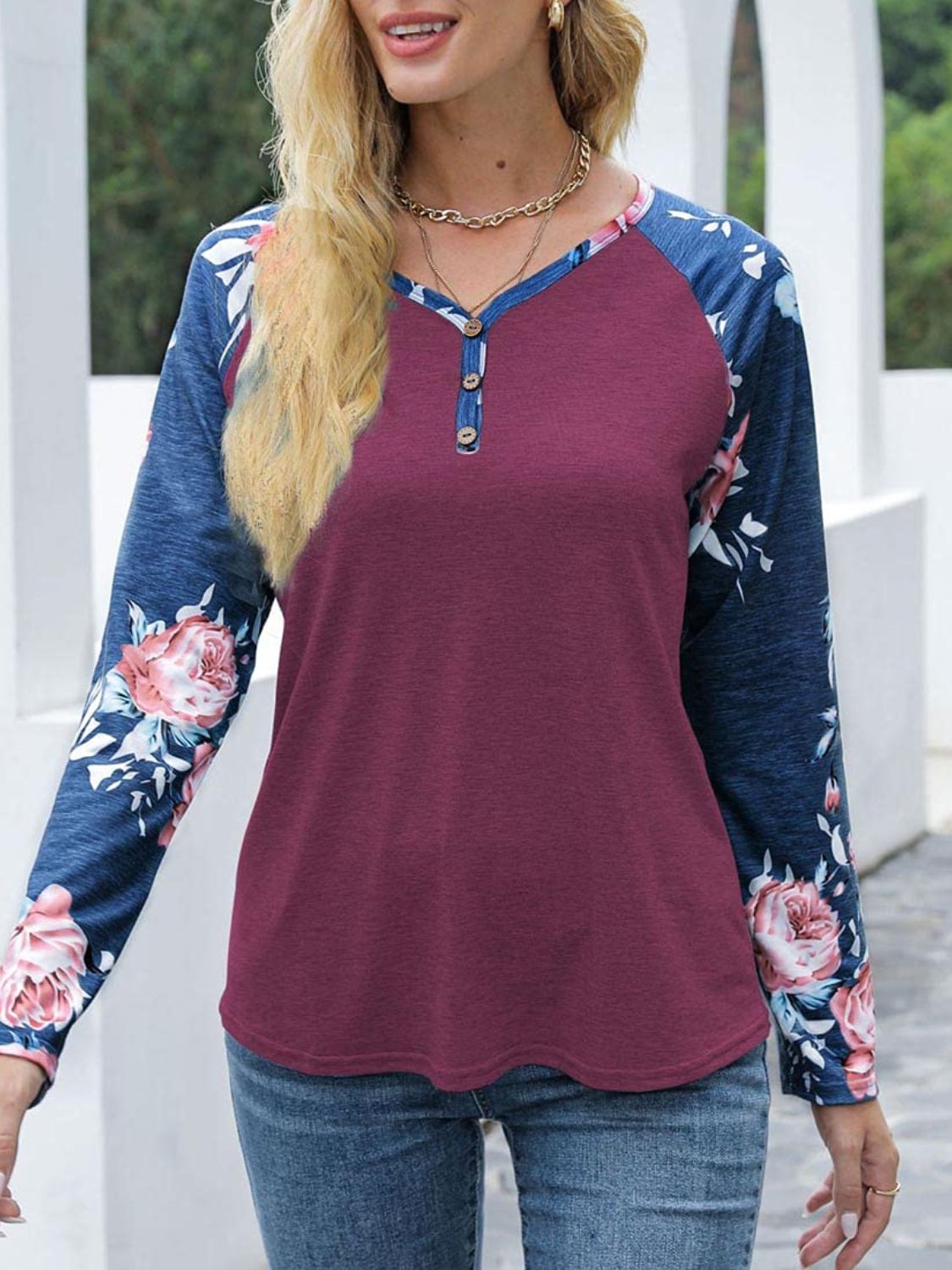 V-Neck Floral Long Sleeve T-Shirt - Ladyez