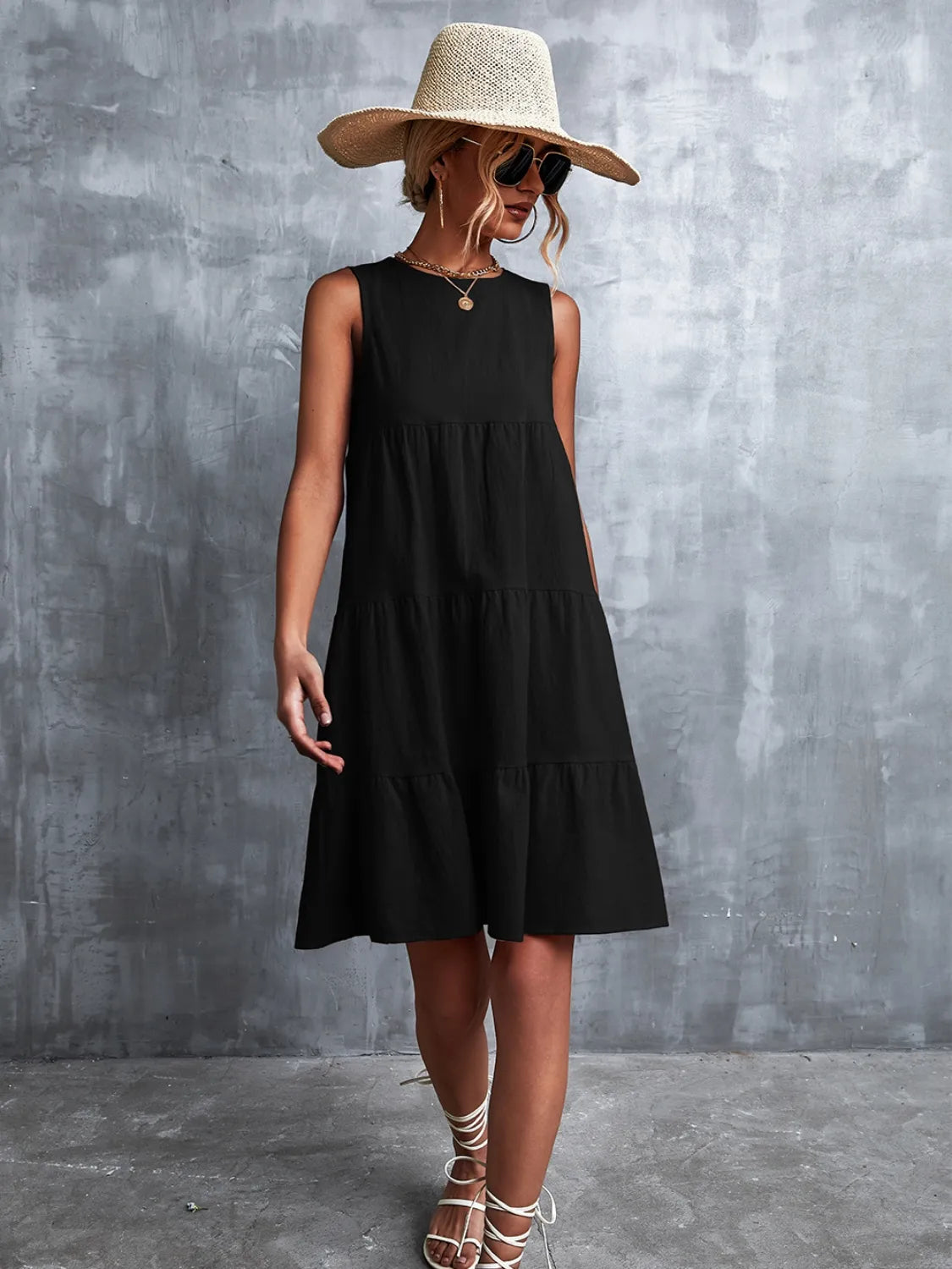 Tiered Round Neck Sleeveless Mini Tank Dress - Ladyez