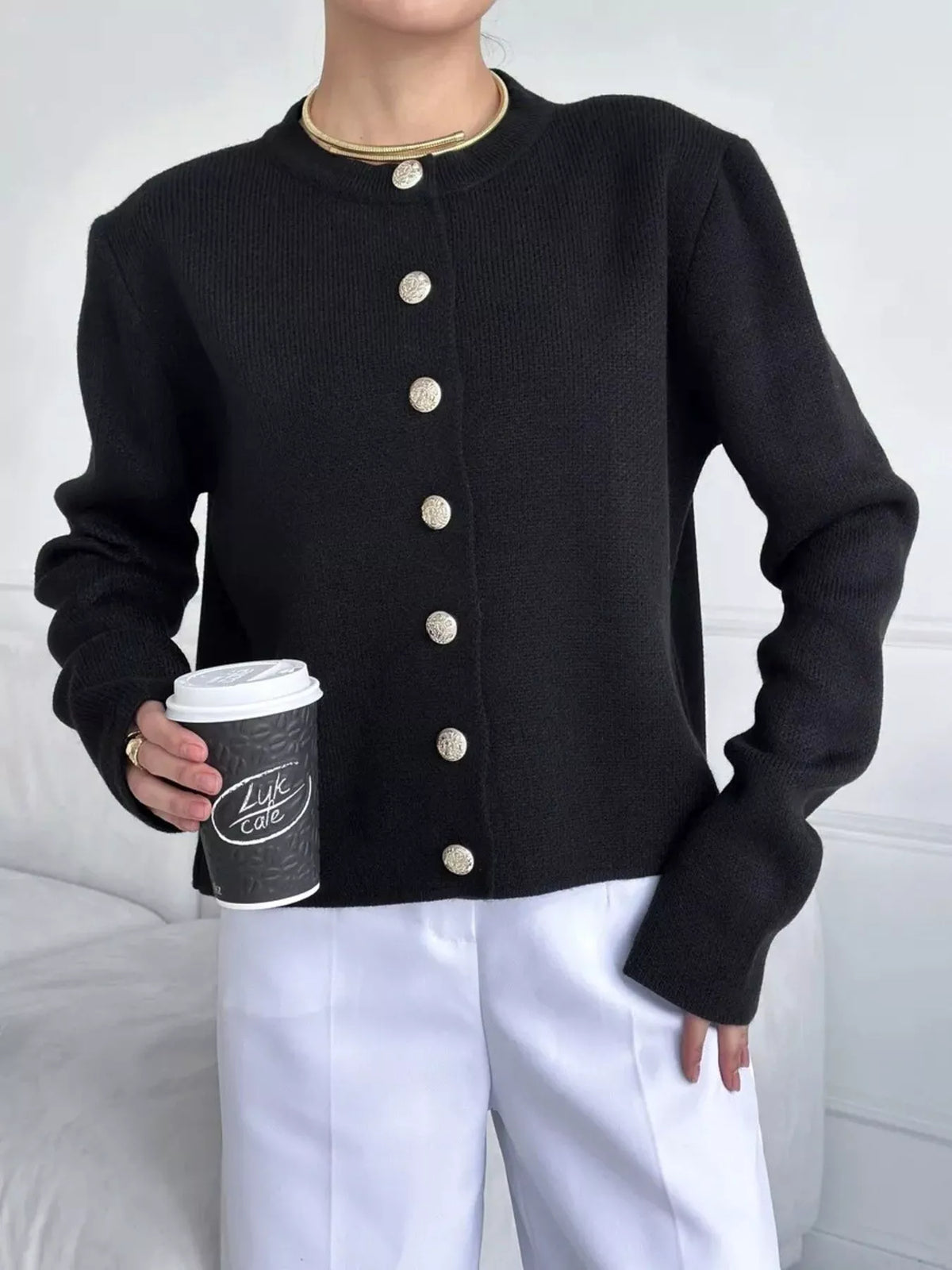 Crew-Neck Button Down Cardigan
