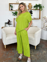 Double Take Full Size Texture Round Neck Short Sleeve T-Shirt and Wide Leg Pants - Ladyez