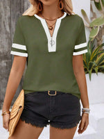 Striped Short Sleeve Half Zip Top - Ladyez