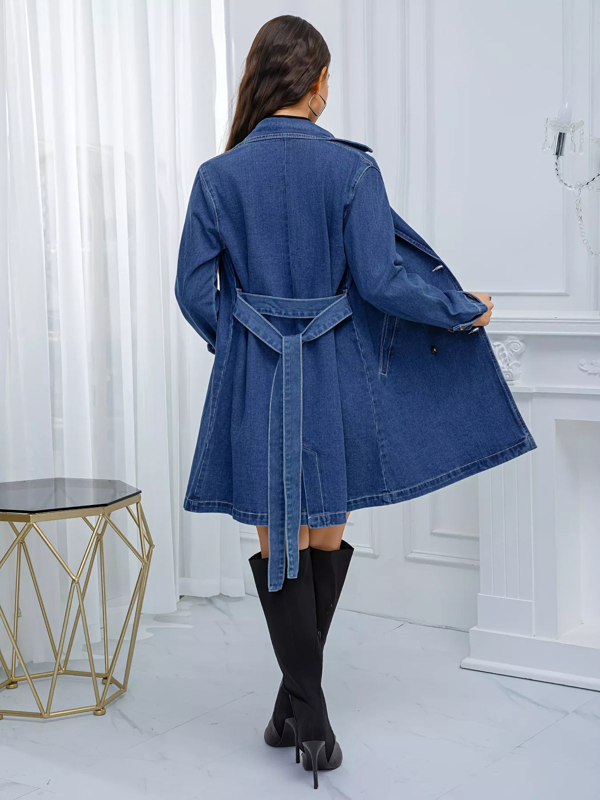 Belted Double-Breasted Denim Jacket
