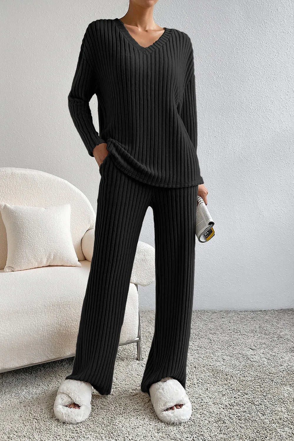 Ribbed V-Neck Top and Pants Lounge Set - Ladyez