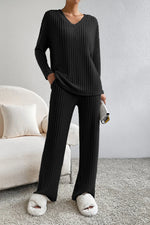 Ribbed V-Neck Top and Pants Lounge Set - Ladyez