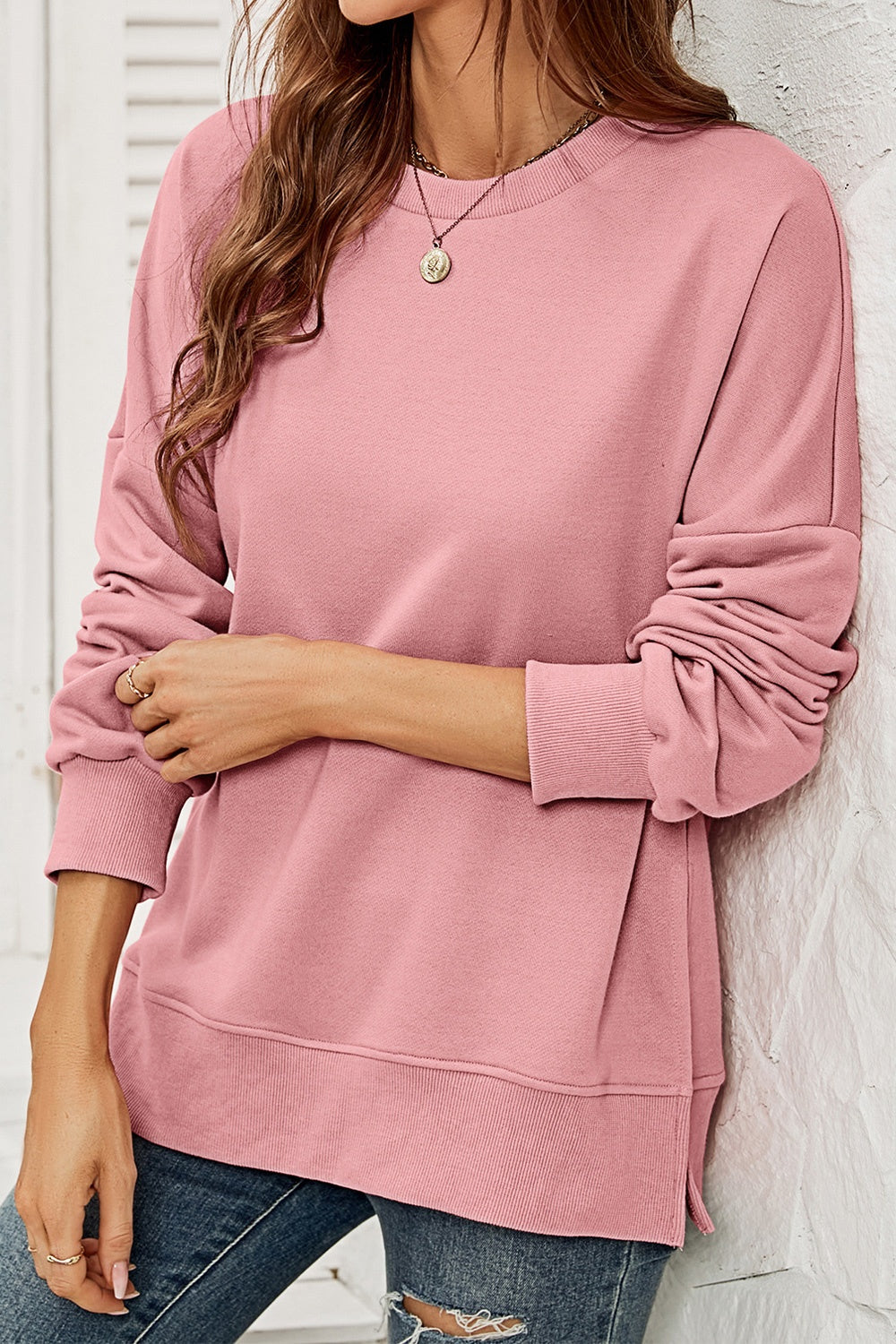 Round NeckDropped Shoulder Slit Sweatshirt