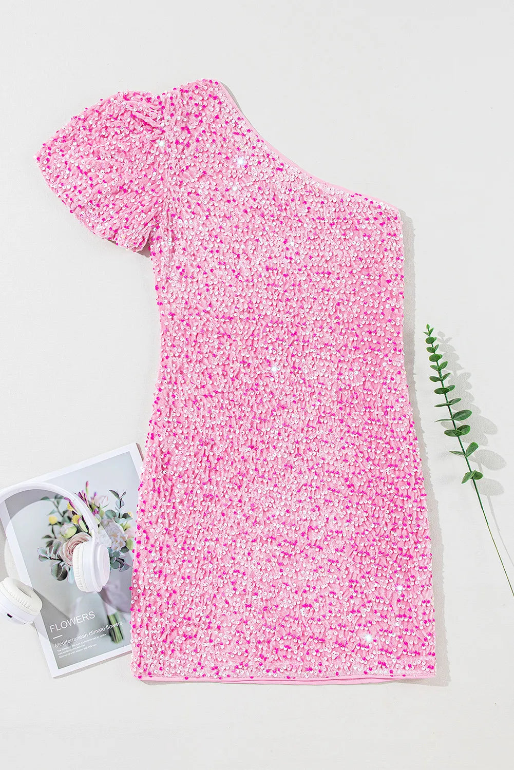 Sequin Single Shoulder Short Sleeve Mini Dress - Ladyez
