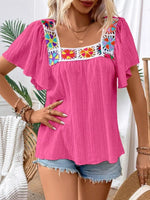 Embroidered Square Neck Flutter Sleeve Blouse
