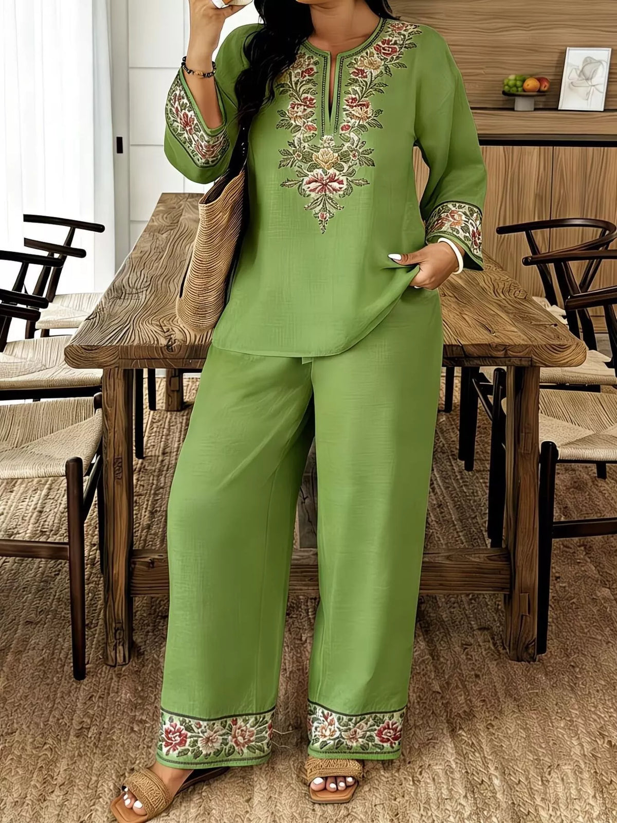 Full Size Embroidered Long Sleeve Top and Pants Set Plus Size