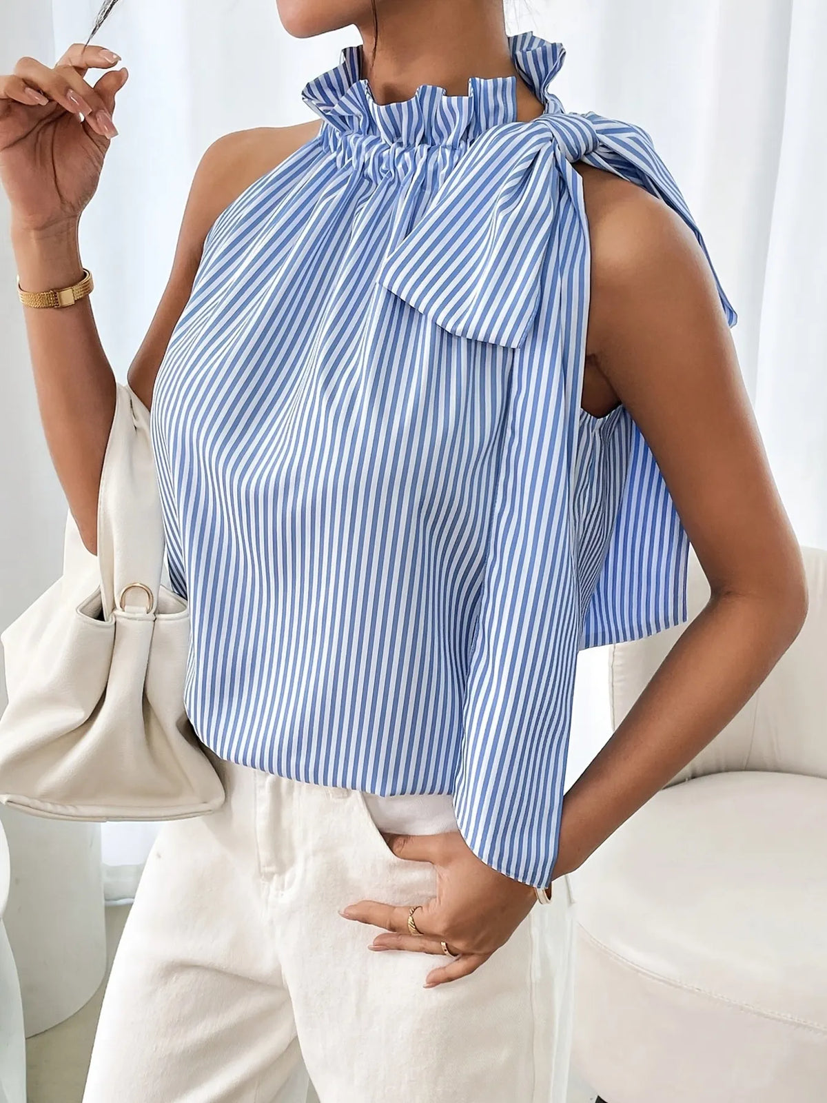Striped Sleeveless Blouse with Bow Tie Detail - Ladyez