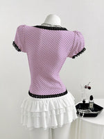 Polka Dot Lace Trim Puff Sleeve Top
